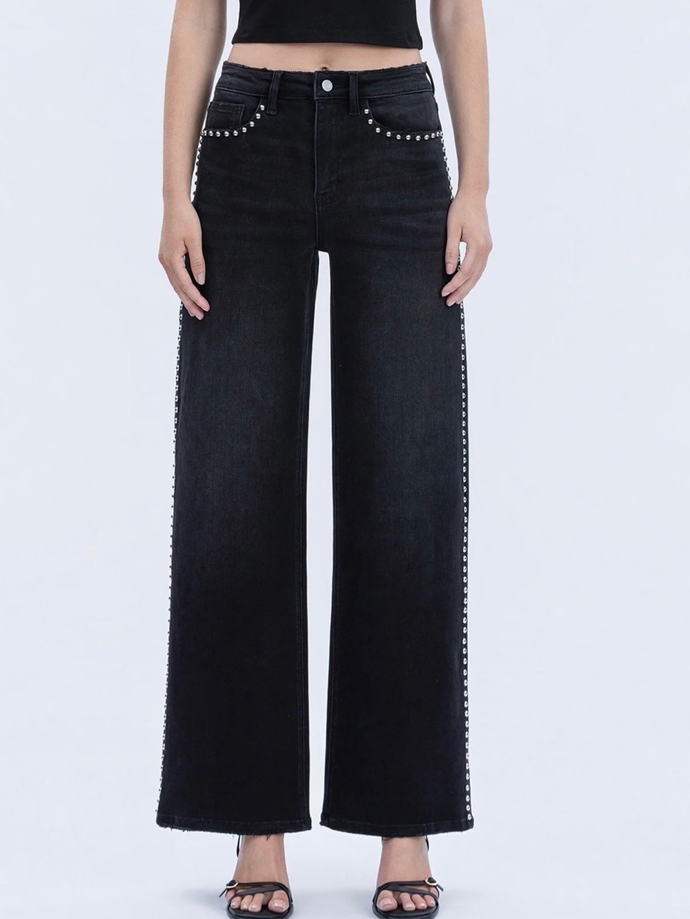 Olivia High Rise Silver Dome Nail Head Detailed Wide Leg Jeans by Vervet 27 - Picture 3 of 16